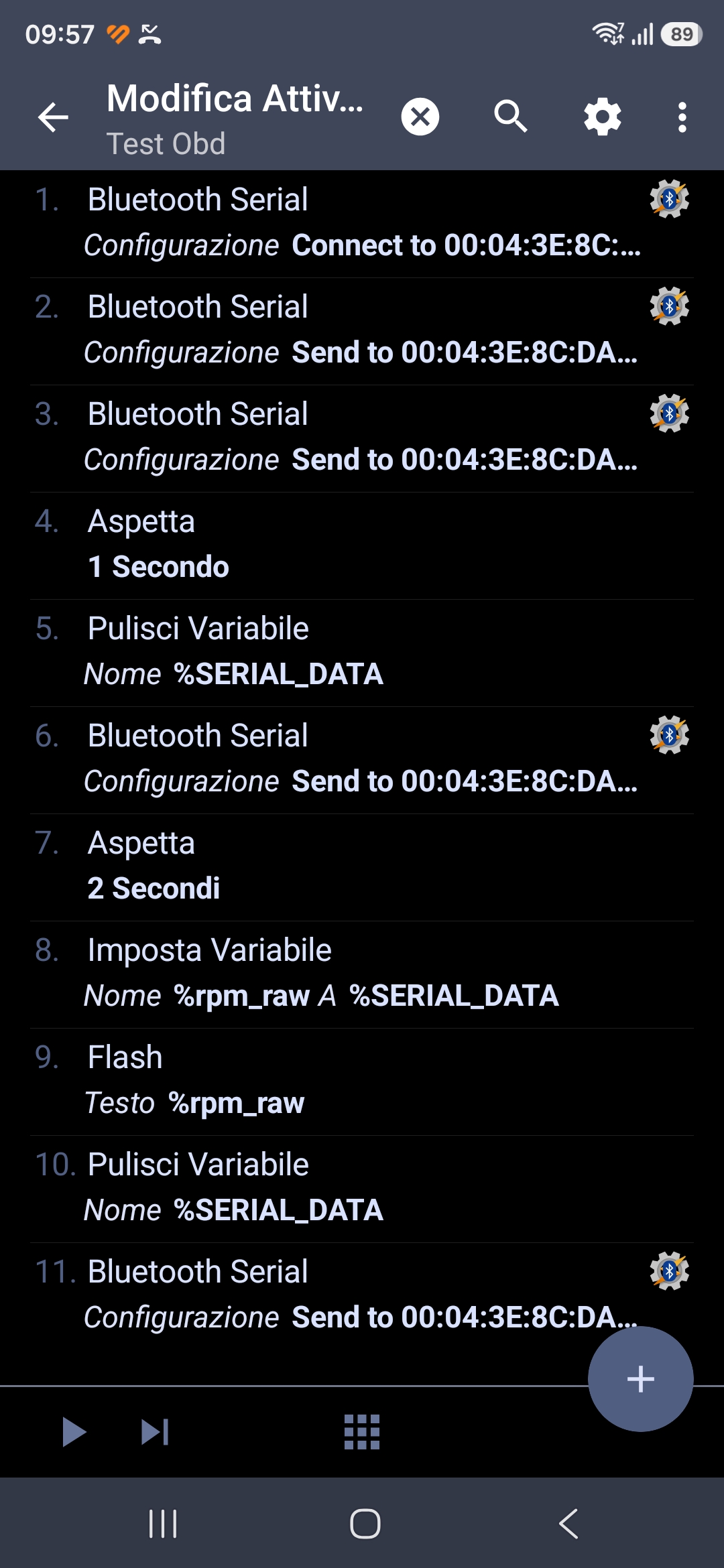 Prime azioni dell'Attività Test Obd in Tasker: Connect, Send ATZ, Send ATE0, Aspetta, Pulisci Variabile, Send PID, Imposta Variabile, Flash