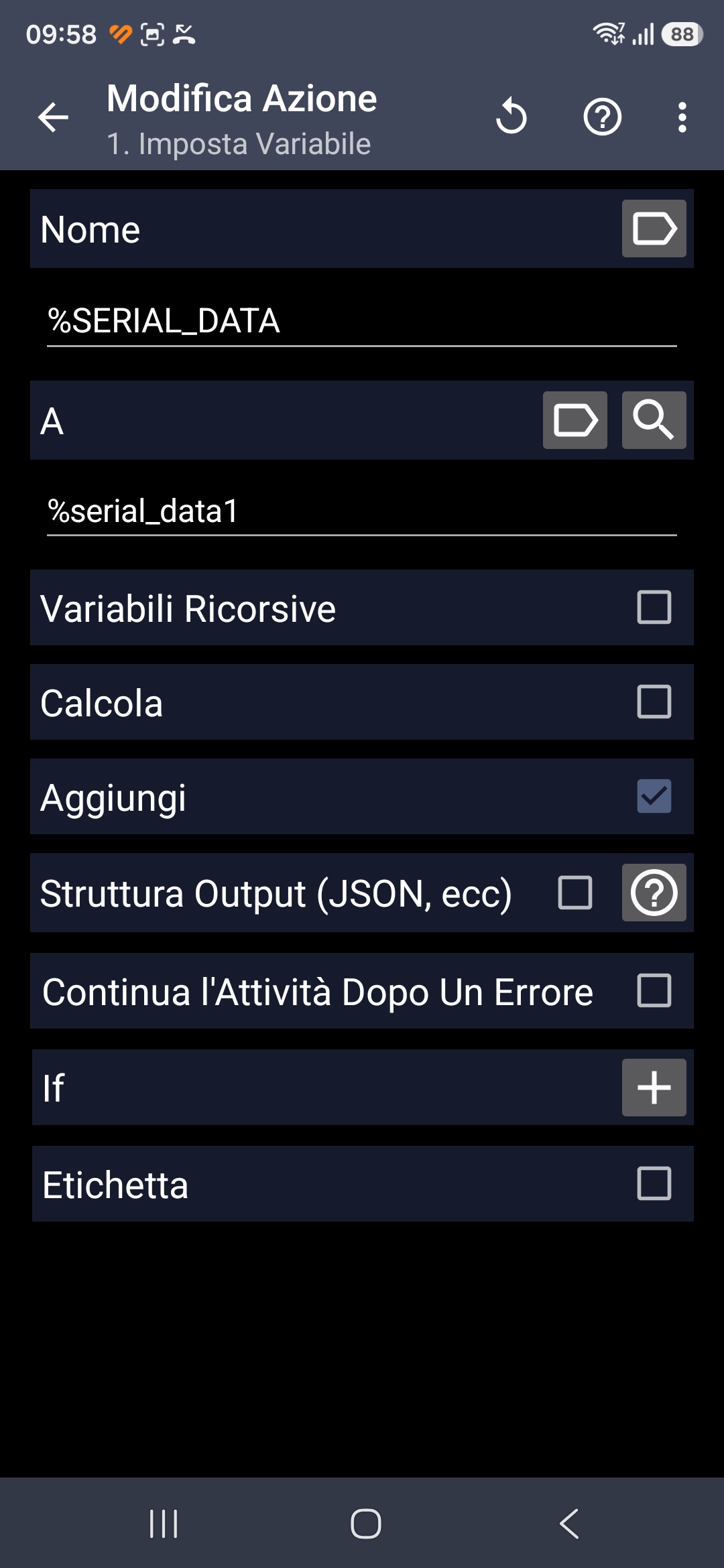 Azione Imposta Variabile in Tasker con Nome %SERIAL_DATA, A %serial_data1 e la casella Aggiungi spuntata
