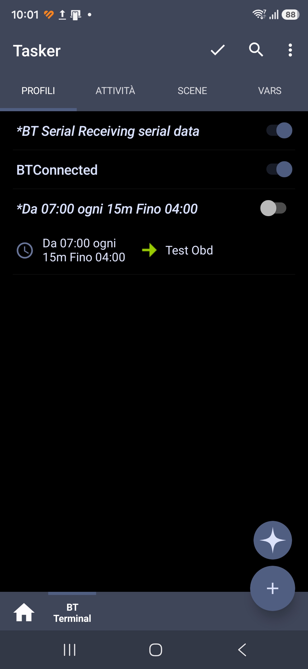 Elenco dei Profili in Tasker: BT Serial Receiving serial data, BTConnected, e il Profilo Tempo Da 07:00 ogni 15m collegato a Test Obd