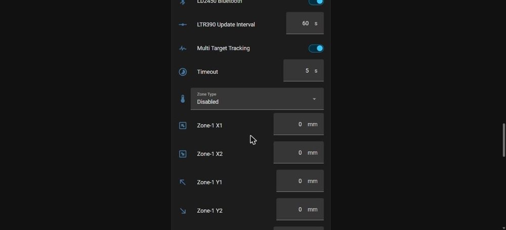 Sezione Configurazione dell'MTR-1 in Home Assistant con Timeout, Zone Type e le coordinate della zona 1