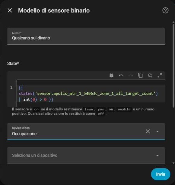 Finestra Modello di sensore binario compilata con nome Qualcuno sul divano, il modello nel campo State e Device class Occupazione