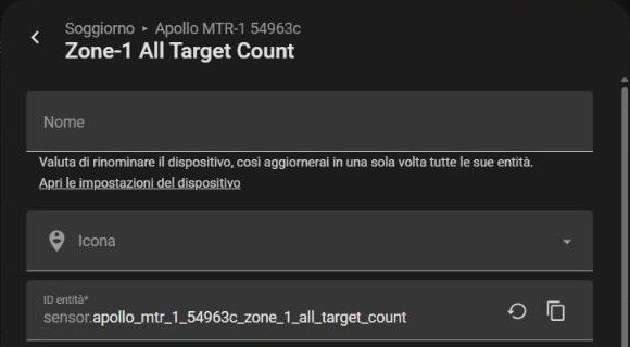 Impostazioni di un'entità dell'MTR-1 con il campo ID entità sensor.apollo_mtr_1_54963c_zone_1_all_target_count e il pulsante per copiarlo