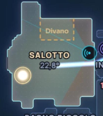 Mappa del salotto con il rettangolo tratteggiato Divano, l'icona del radar sulla parete destra e il pallino di una persona vicino alla finestra
