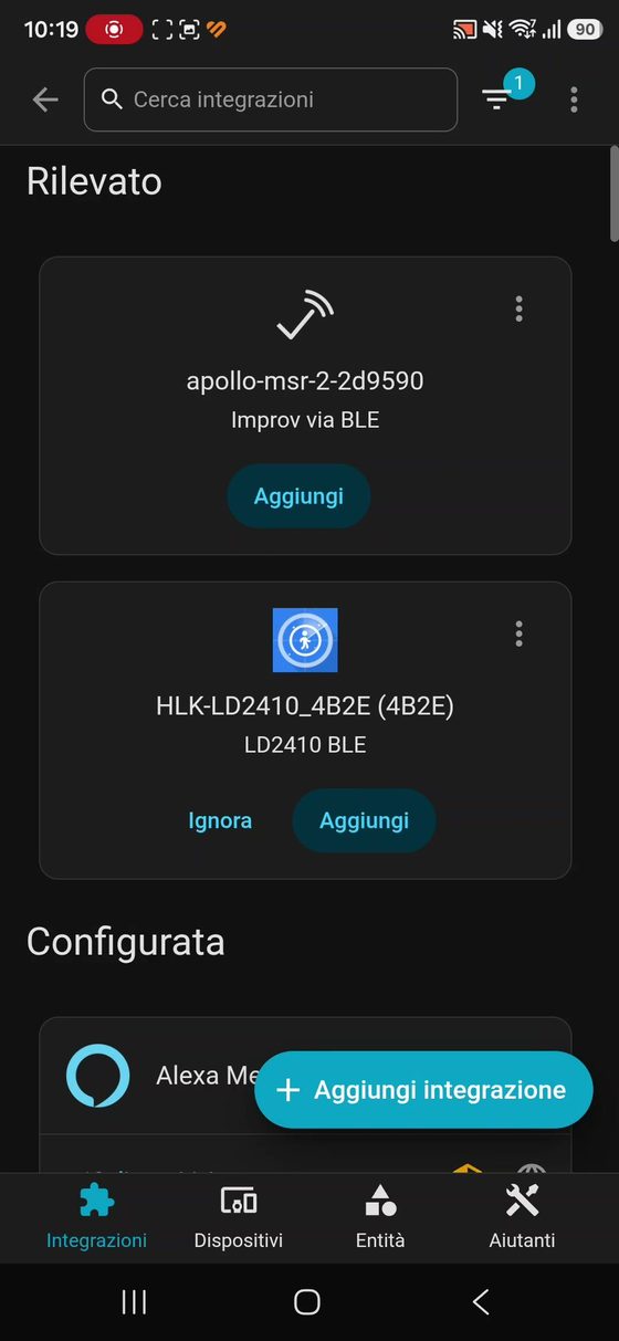 Home Assistant mostra il dispositivo apollo-msr-2 rilevato via Bluetooth con il pulsante Aggiungi