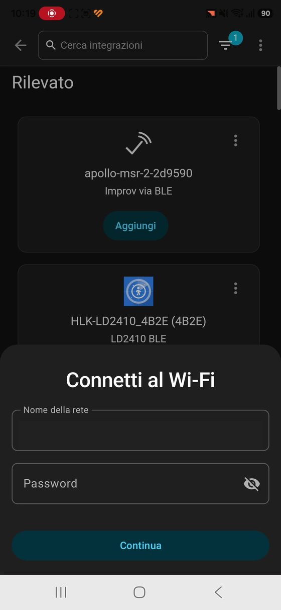 Schermata Connetti al Wi-Fi di Home Assistant con il nome della rete coperto