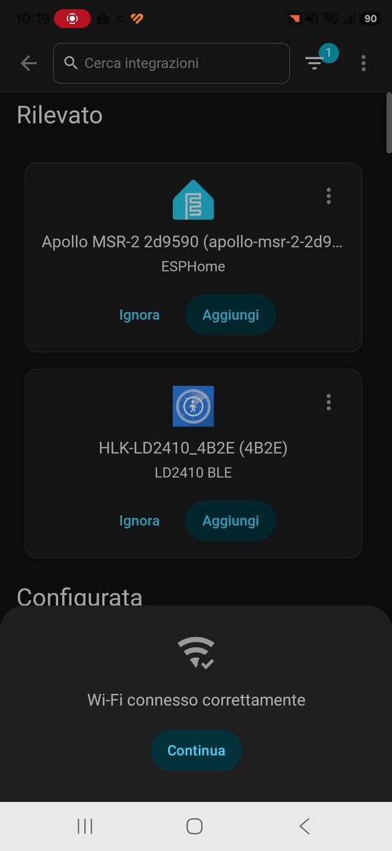 Messaggio Wi-Fi connesso correttamente e dispositivo ESPHome rilevato