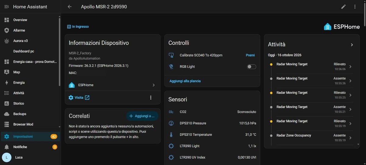 Scheda del dispositivo Apollo MSR-2 in Home Assistant con area Ingresso, firmware, controlli e sensori