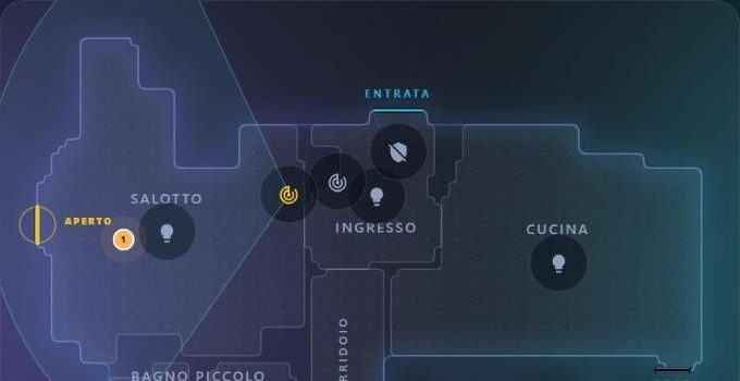 Pianta della casa in Home Assistant con l'icona radar dell'MSR-2 a sinistra della porta dell'ingresso e quella dell'MTR-1 in salotto