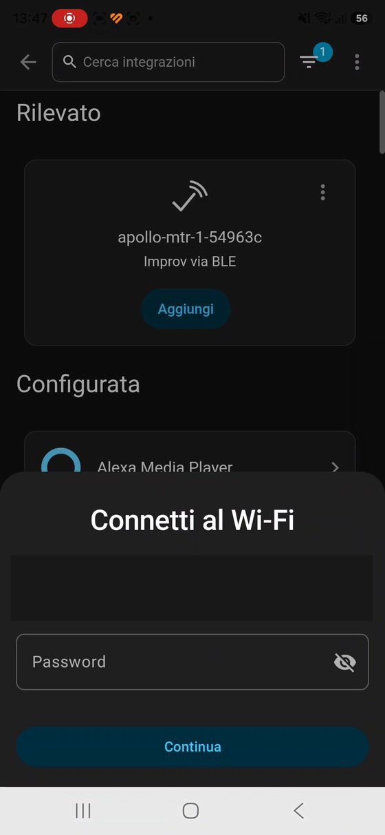 Schermata dell'app Home Assistant con il sensore Apollo rilevato via Bluetooth e la richiesta della rete Wi-Fi