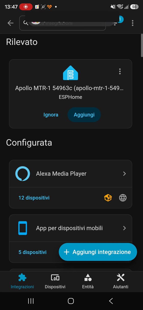 Schermata di Home Assistant con il dispositivo Apollo MTR-1 rilevato come ESPHome e il pulsante Aggiungi