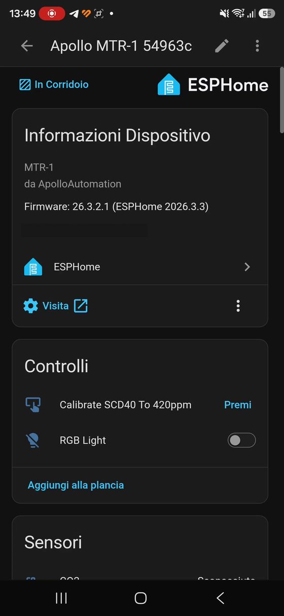 Scheda del dispositivo Apollo MTR-1 in Home Assistant con informazioni e controlli