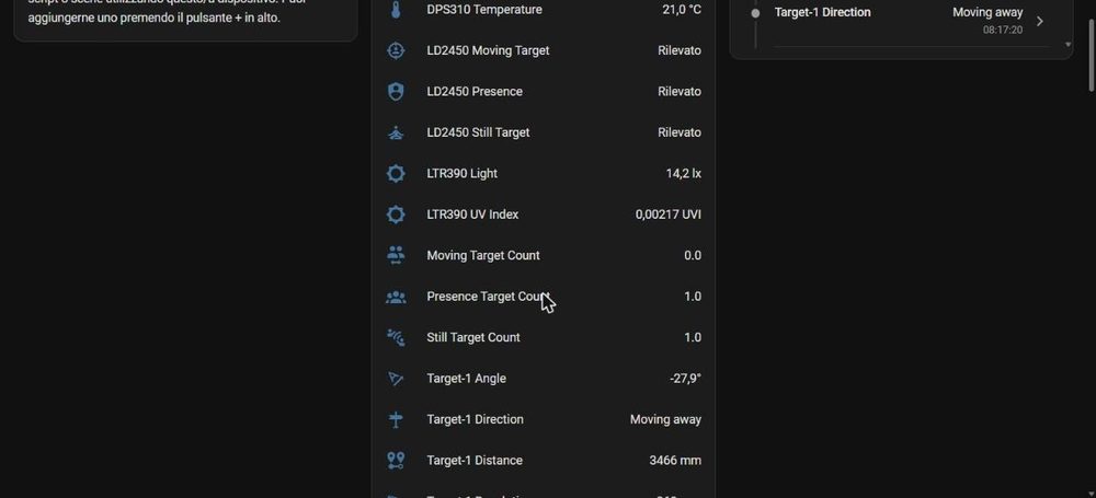 Elenco dei sensori del dispositivo in Home Assistant con presenza, luce, UV e contatori di persone