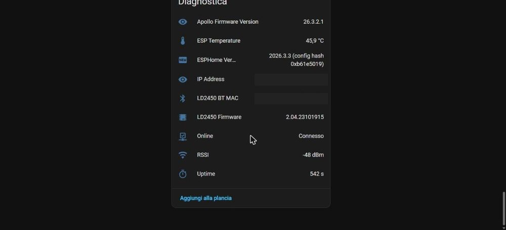 Diagnostica del dispositivo: firmware, temperatura del chip, versione ESPHome, segnale Wi-Fi e uptime