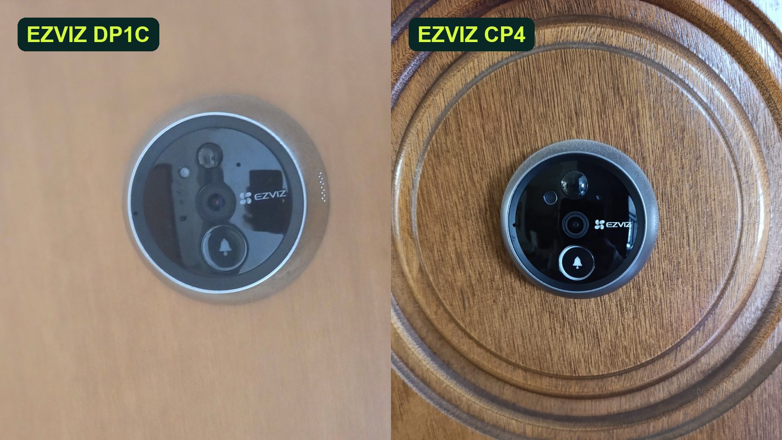 Telecamera esterna dell'EZVIZ DP1C a sinistra e dell'EZVIZ CP4 a destra, montate su due porte in legno