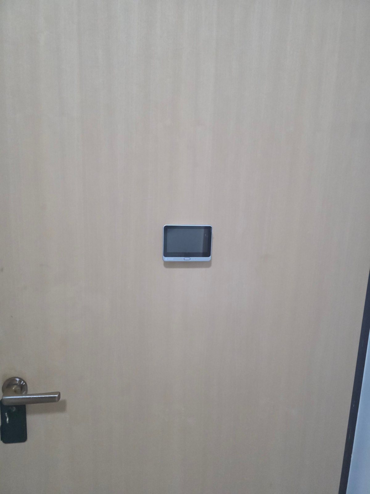 Monitor EZVIZ DP1C montato al centro di una porta interna in legno chiaro, sopra la maniglia