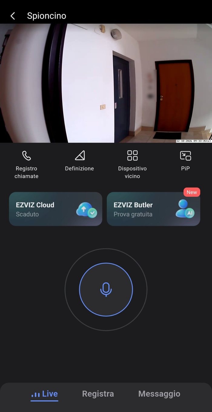Diretta del pianerottolo nell'app EZVIZ con i comandi Registro chiamate, Definizione, Dispositivo vicino e PiP