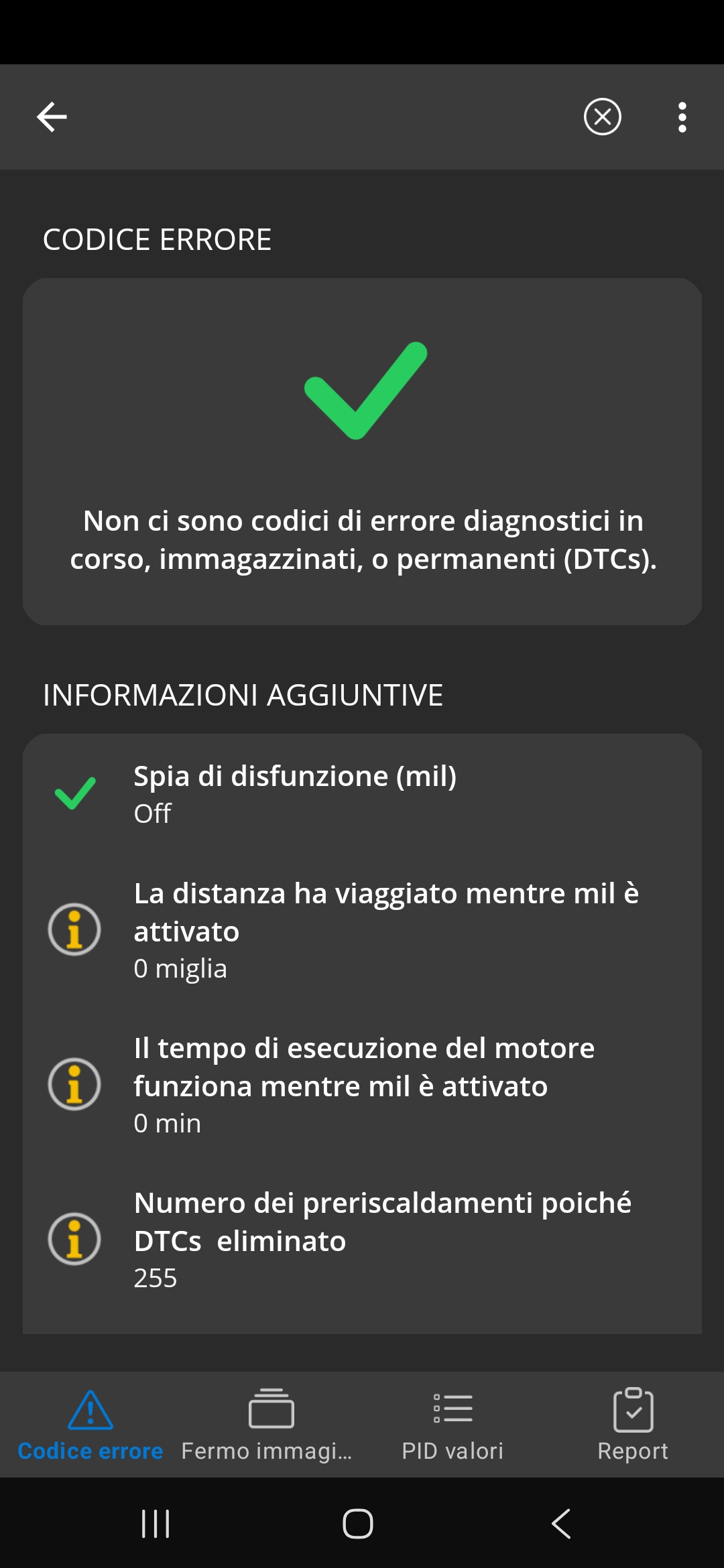 Schermata Diagnostica dell'app OBDLink: nessun codice di errore diagnostico in corso, immagazzinato o permanente