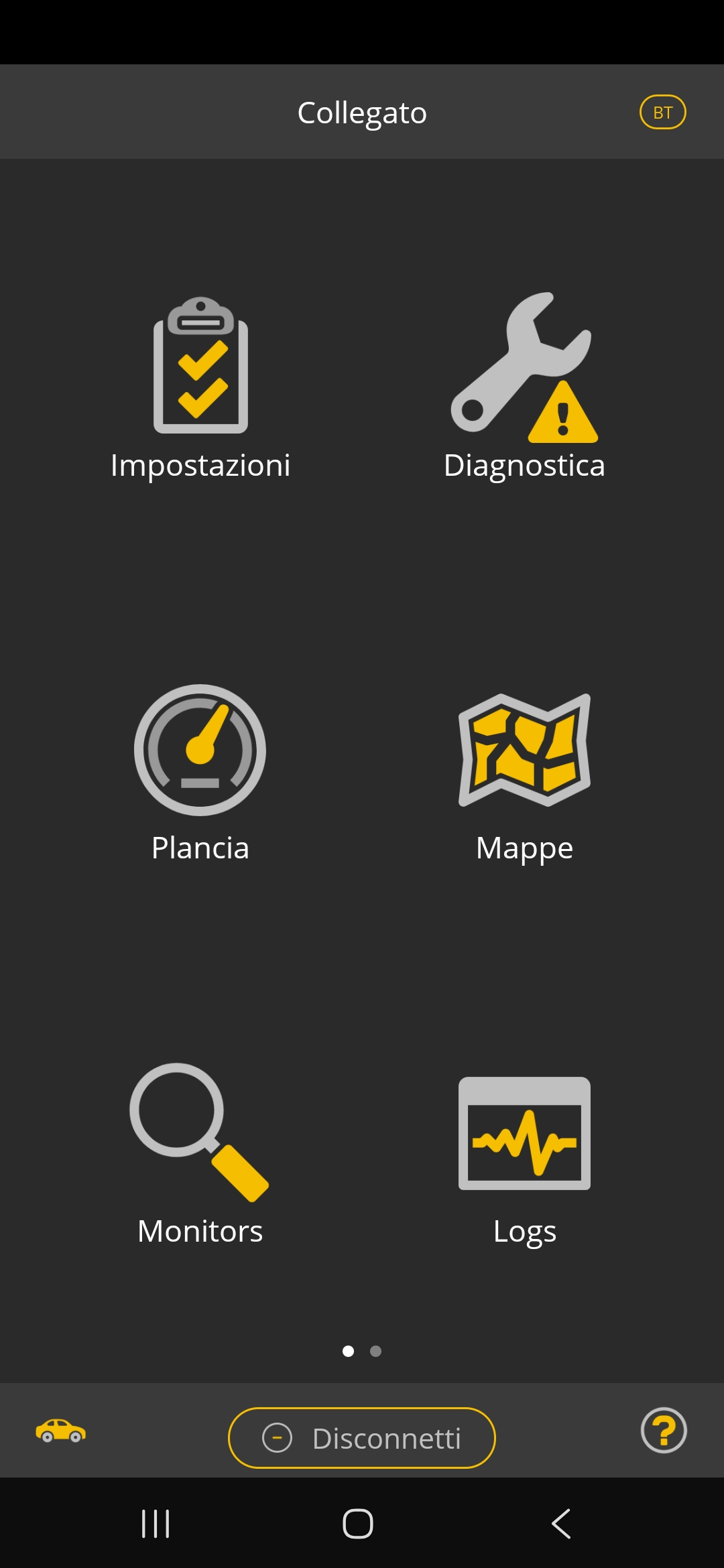 Schermata principale dell'app ufficiale OBDLink con adattatore Collegato: Impostazioni, Diagnostica, Plancia, Mappe, Monitors, Logs