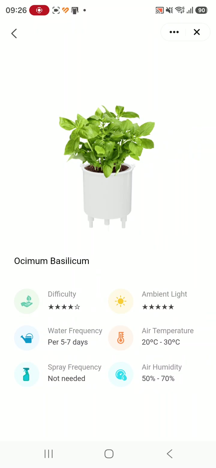 App Smart Life: scheda del basilico con difficoltà, luce, acqua e temperatura consigliate