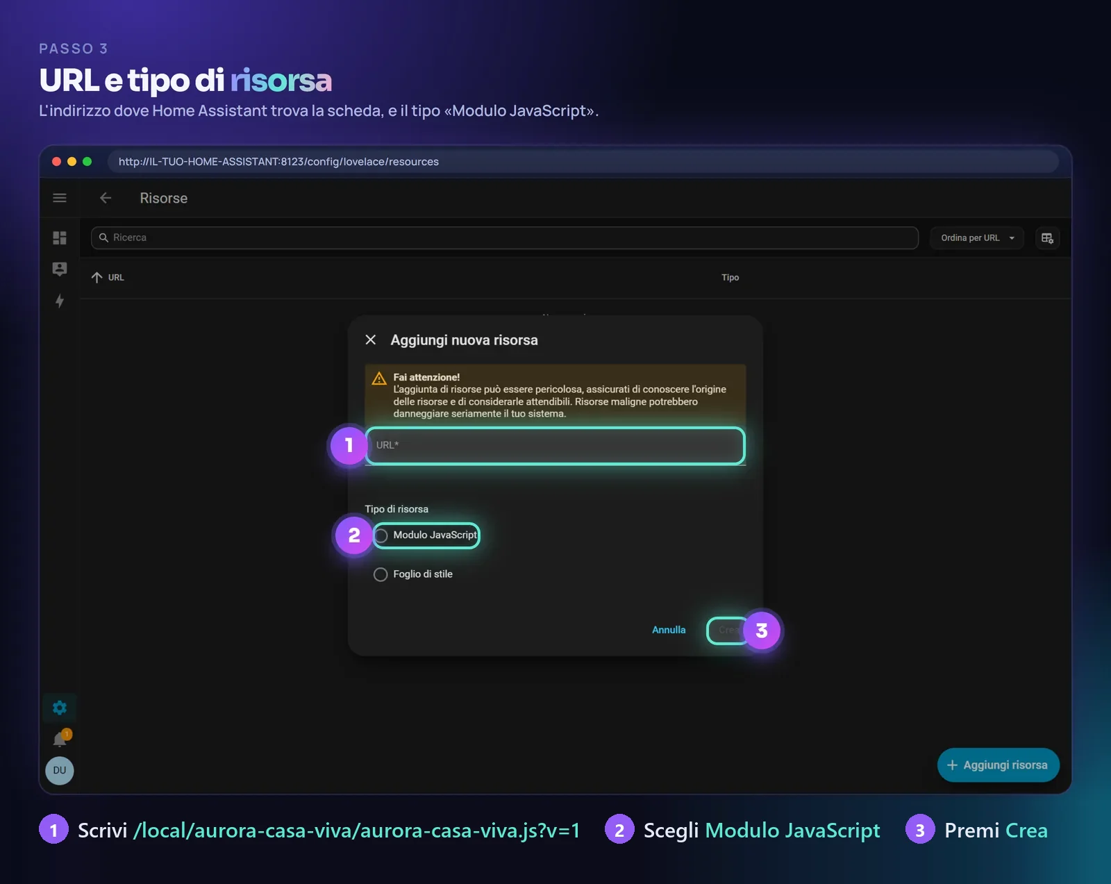 La finestra Aggiungi nuova risorsa con URL e tipo Modulo JavaScript