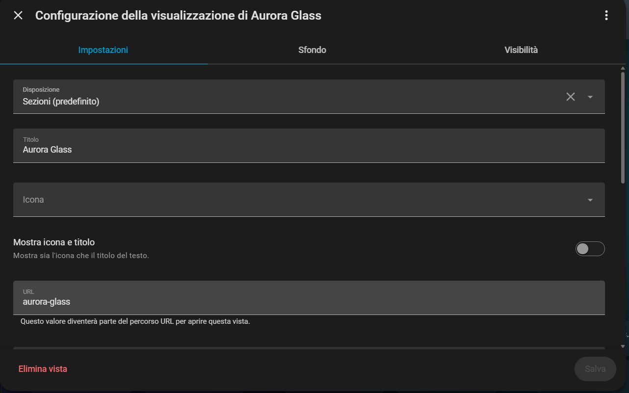 Dialogo Configurazione della vista con Disposizione Sezioni predefinito, titolo Aurora Glass e URL aurora-glass