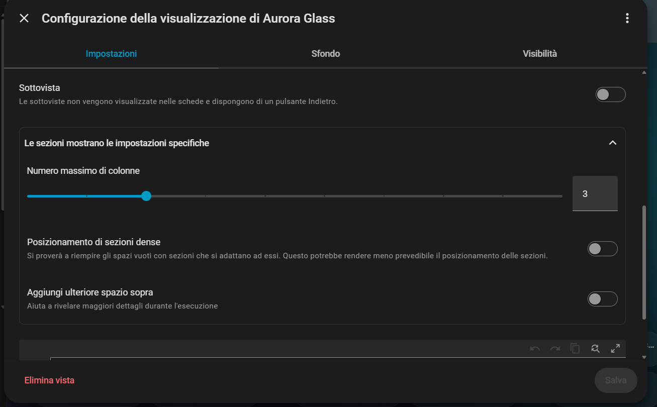 Opzioni delle sezioni: numero massimo di colonne e posizionamento
