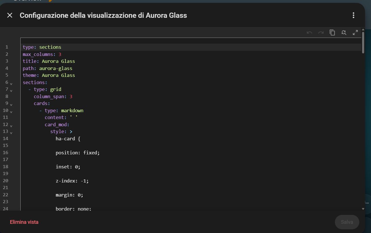 Editor Modifica in YAML con il codice della vista Aurora Glass incollato