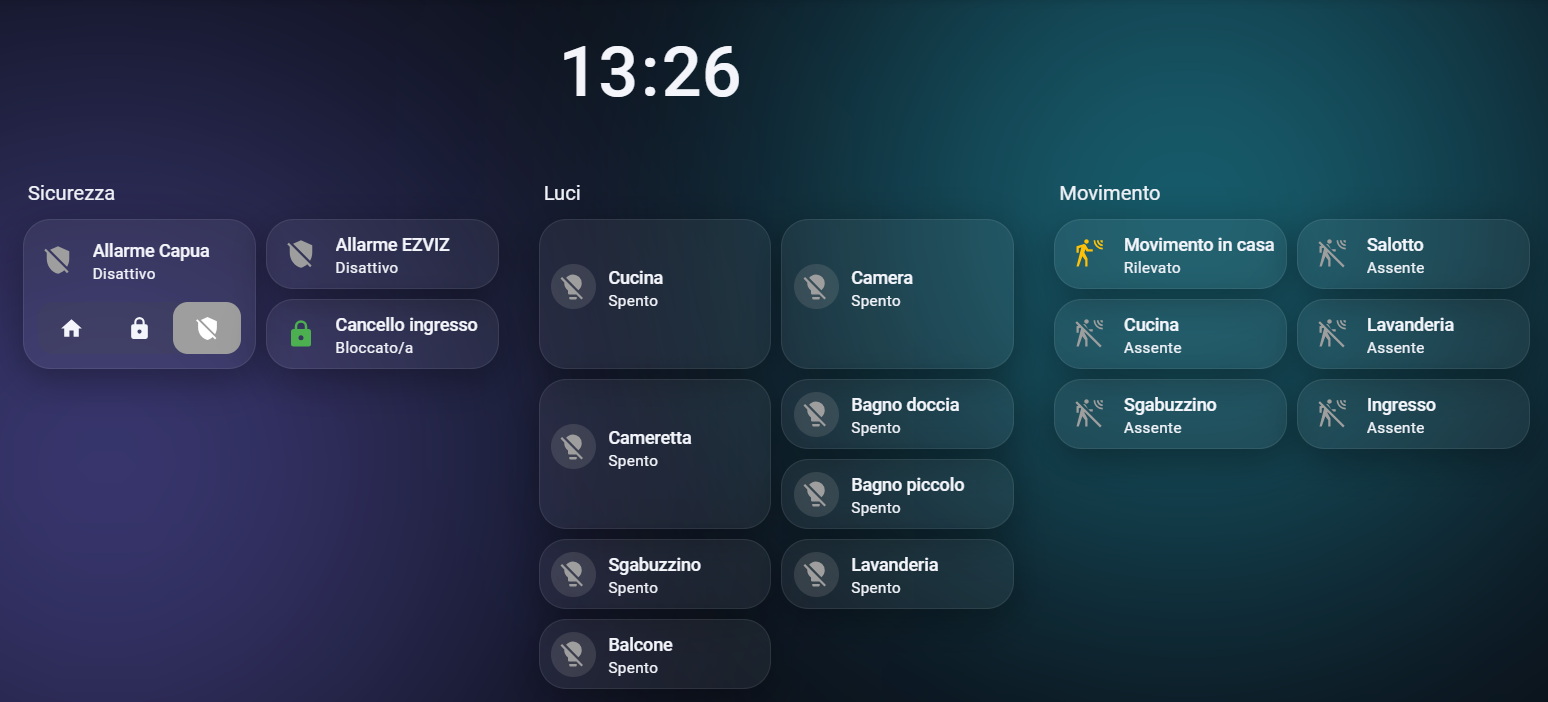Dashboard Aurora Glass con i pannelli Sicurezza, Luci e Movimento su sfondo viola-ciano
