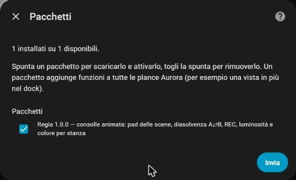 La schermata Pacchetti di Aurora Glass in Home Assistant con la Regia spuntata