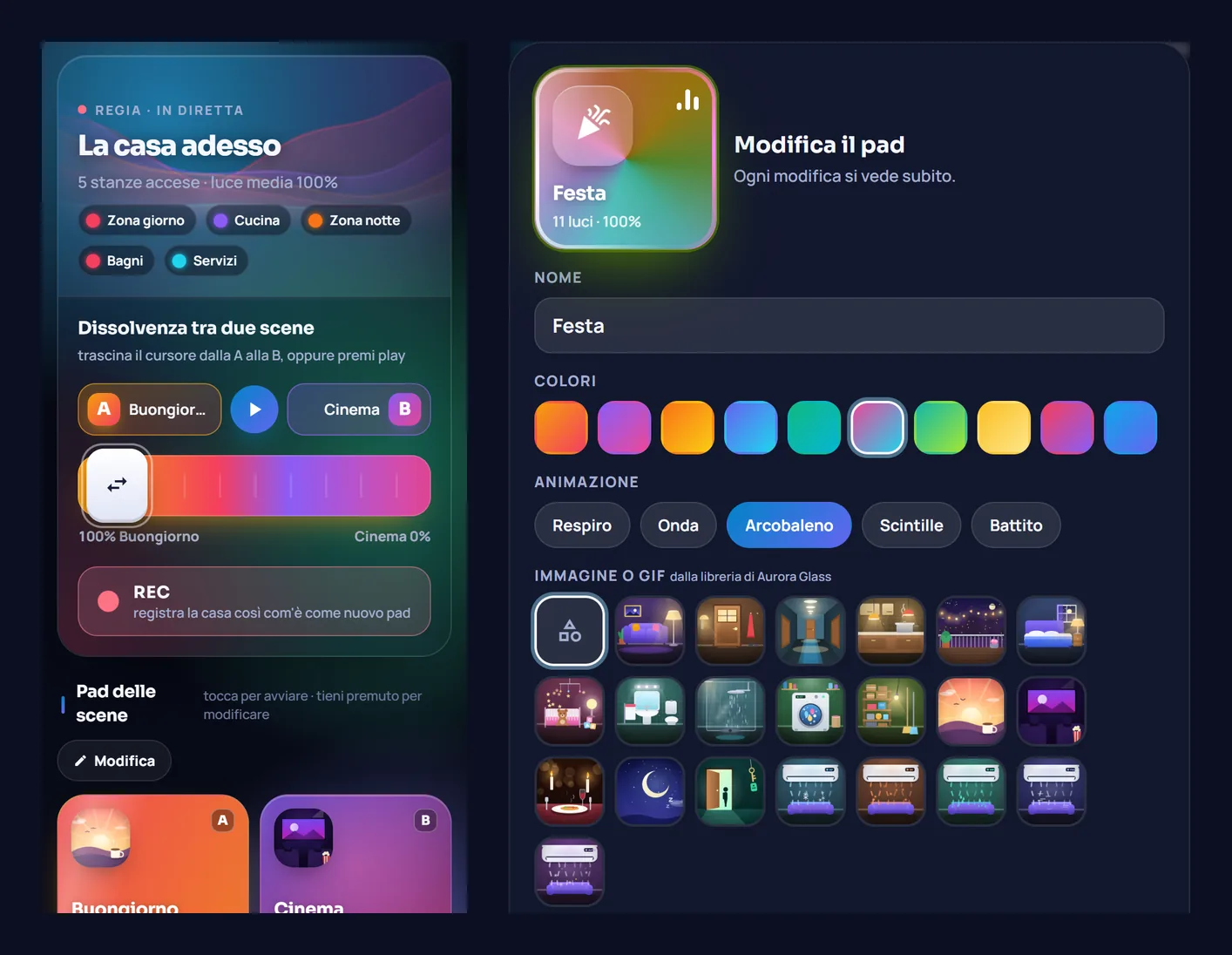 A sinistra la Regia sul telefono, a destra l'editor di un pad con nome, colori, animazioni e immagini della libreria di Aurora Glass