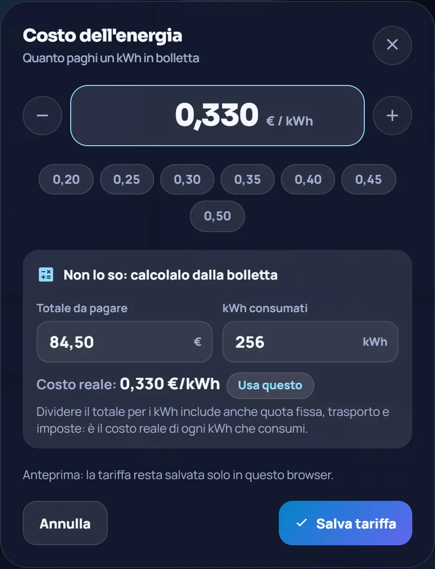 La finestra della tariffa con il calcolatore: totale bolletta diviso kWh uguale 0,330 euro al kWh
