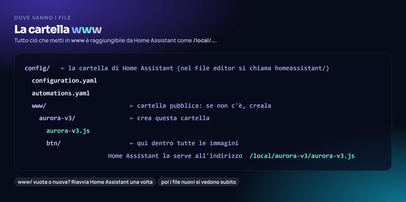 La cartella www di Home Assistant con dentro aurora-v3.js e la cartella btn