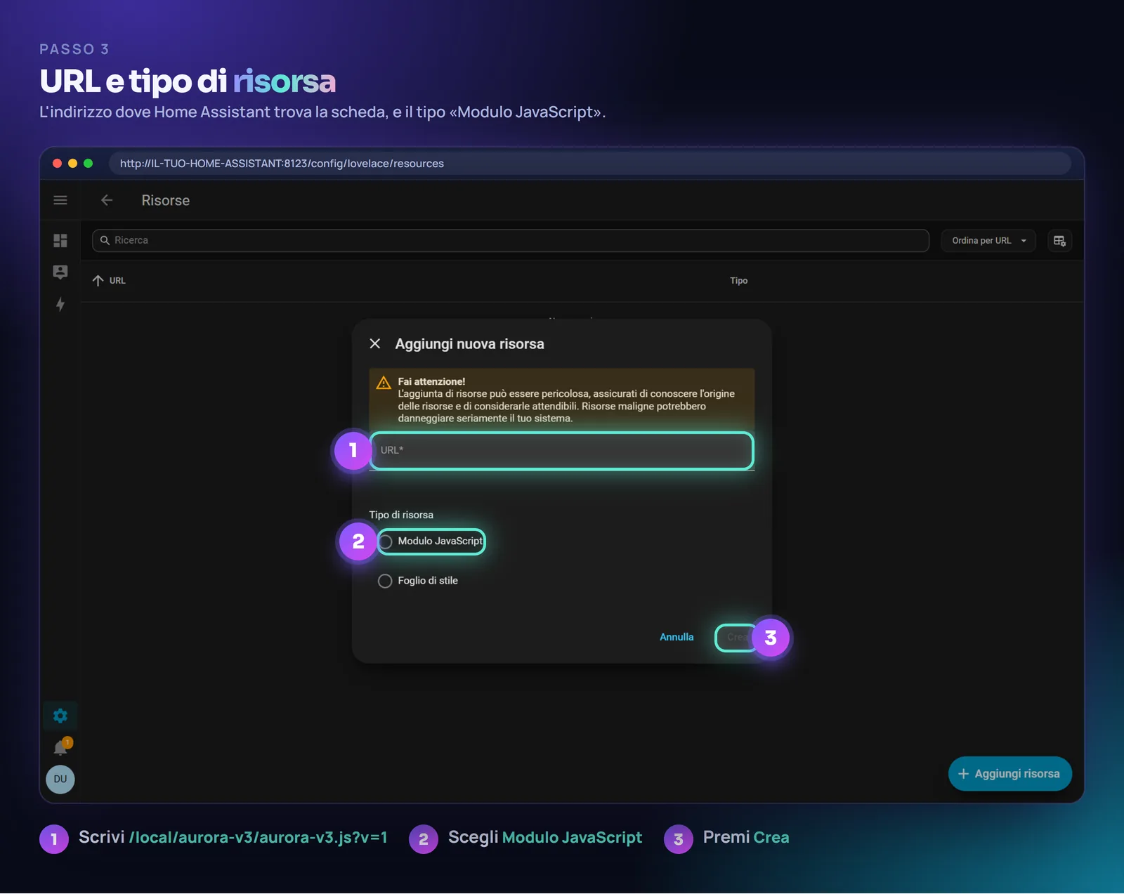 La finestra Aggiungi risorsa con l'URL e il tipo Modulo JavaScript