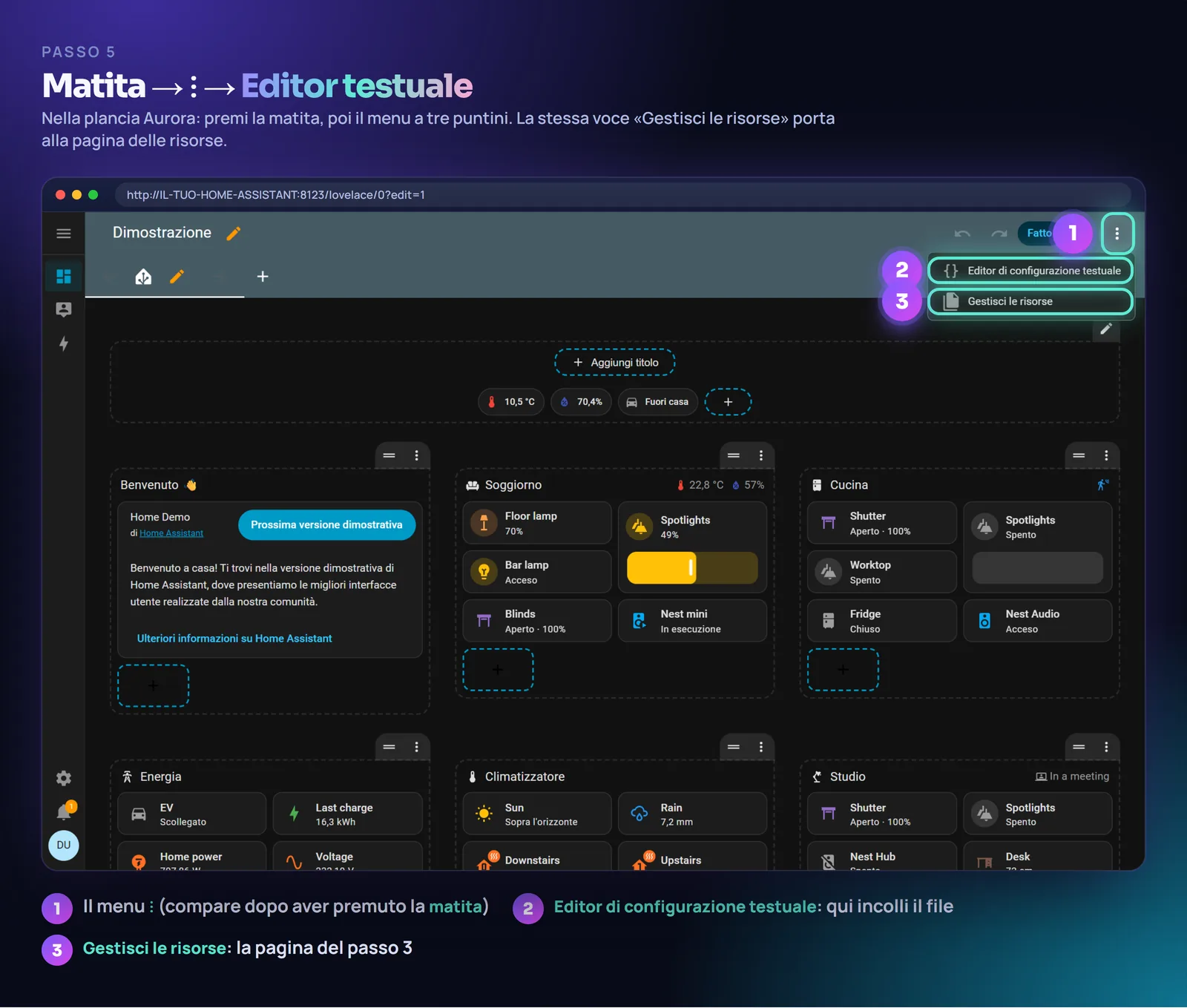 La plancia in modalità modifica con il menu a tre puntini e l'editor di configurazione testuale