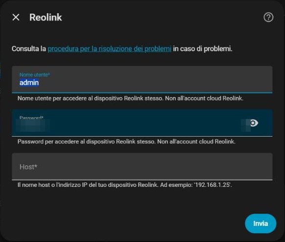 Modulo di configurazione Reolink in Home Assistant con i campi nome utente, password e host
