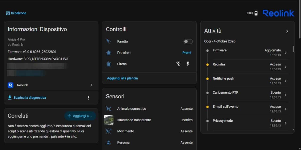 Pagina del dispositivo Argus 4 Pro in Home Assistant con informazioni, controlli, sensori e attività
