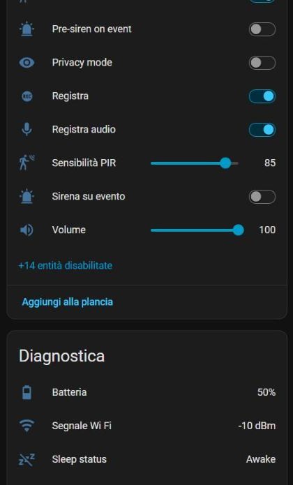 Sezione configurazione con la riga più 14 entità disabilitate e la sezione diagnostica con batteria e segnale Wi-Fi