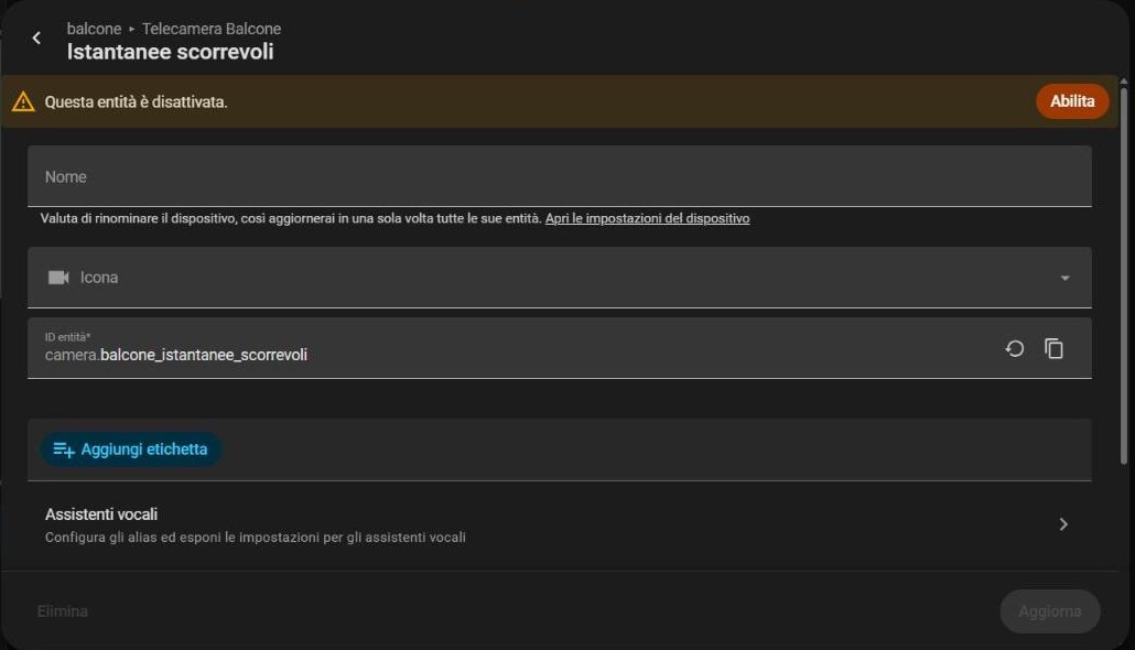 Finestra delle impostazioni di un'entità disattivata con il pulsante Abilita