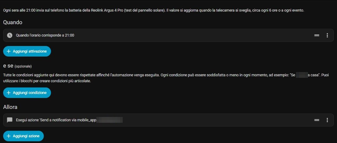 Editor delle automazioni di Home Assistant con l'attivazione alle 21:00 e l'azione di notifica
