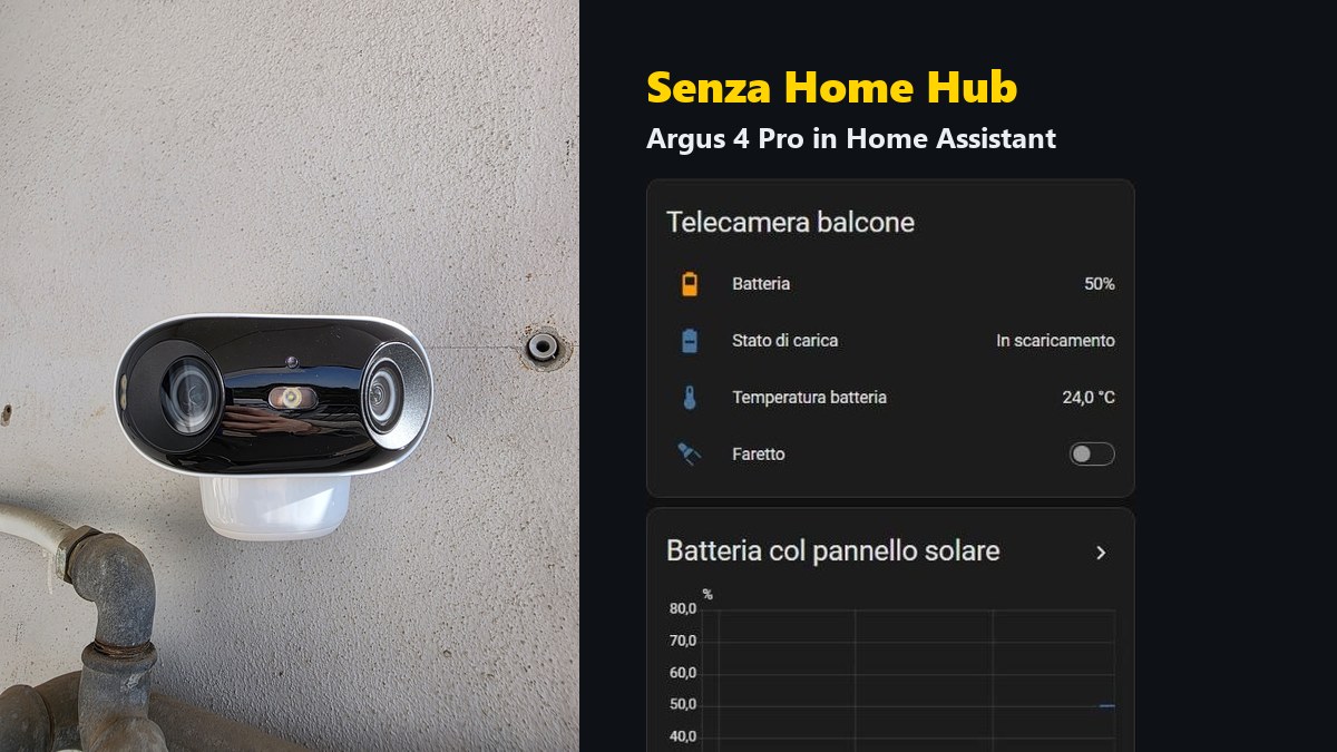 Reolink Argus 4 Pro montata sul muro del balcone e la sua scheda in Home Assistant