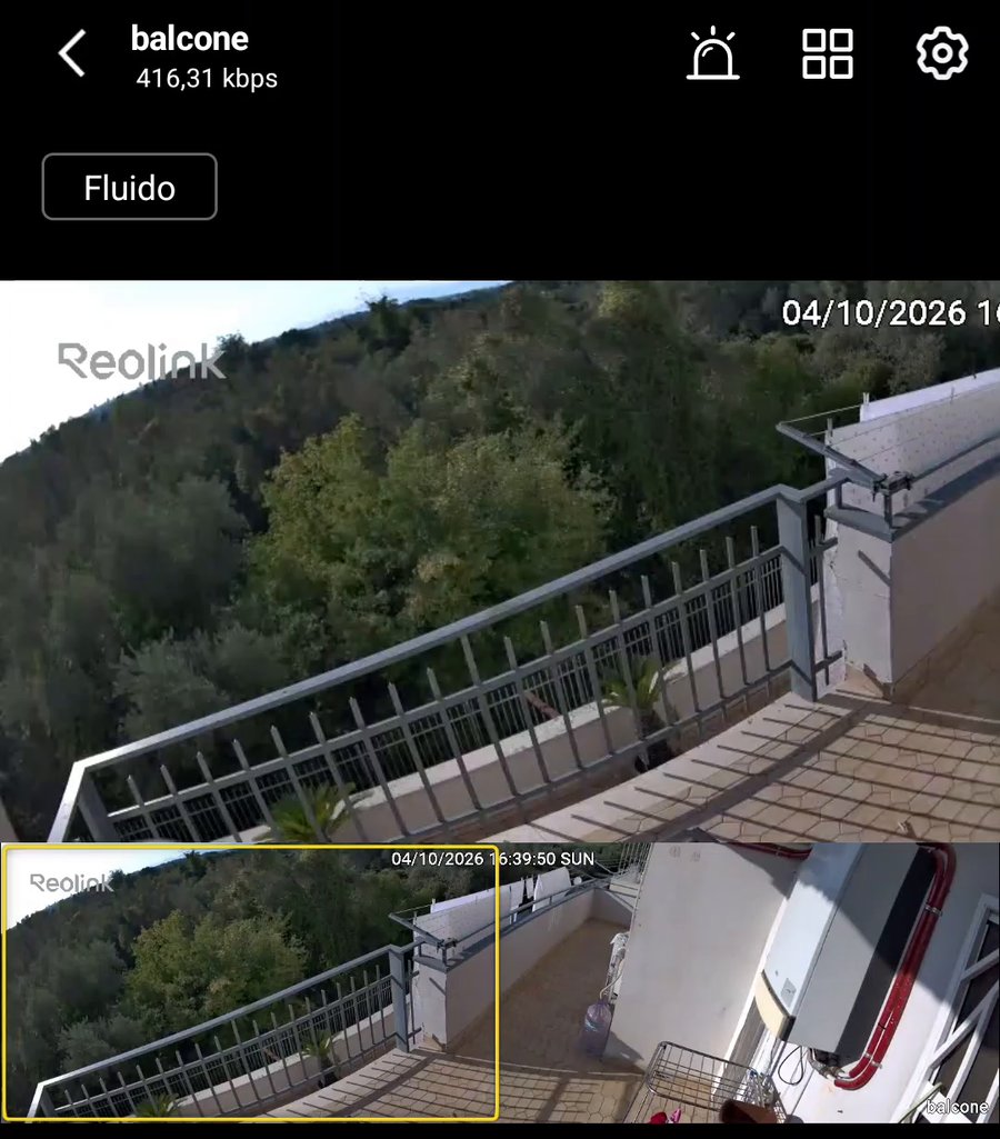 Diretta dell'app Reolink con la panoramica a 180° del balcone e la vista divisa