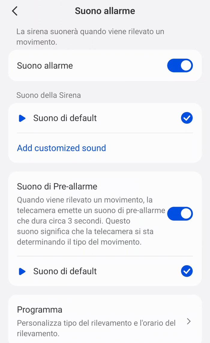 App Reolink: impostazioni della sirena con suono predefinito e pre-allarme