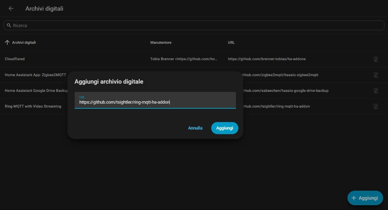 Finestra Aggiungi archivio digitale con l'indirizzo dell'archivio ring-mqtt nel campo URL