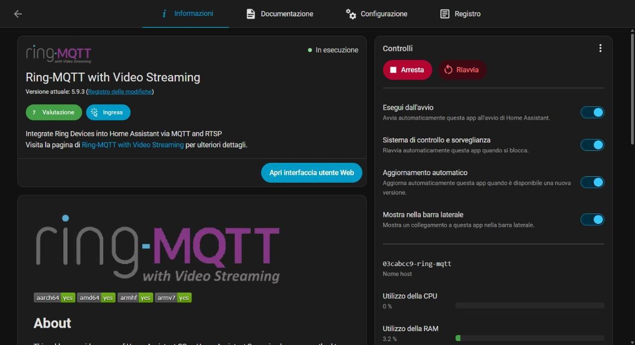 Scheda Informazioni dell'app Ring-MQTT with Video Streaming in esecuzione con le opzioni Esegui dall'avvio e Sistema di controllo e sorveglianza attive