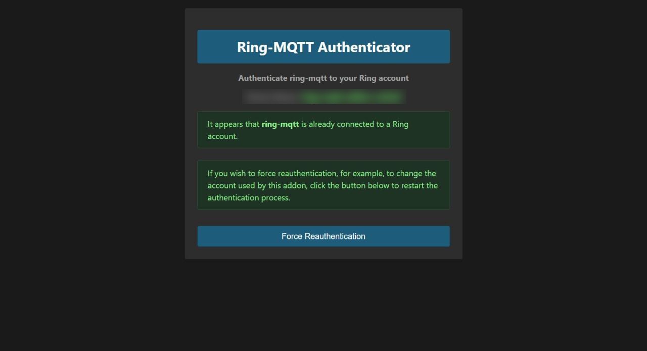 Pagina Ring-MQTT Authenticator con il messaggio che ring-mqtt è già collegato a un account Ring