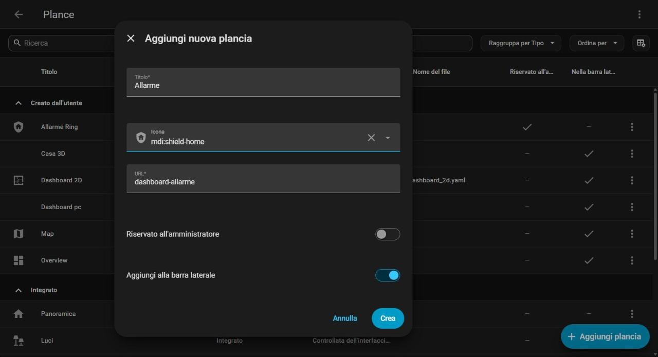 Finestra Aggiungi nuova plancia con titolo Allarme, icona mdi:shield-home e URL dashboard-allarme