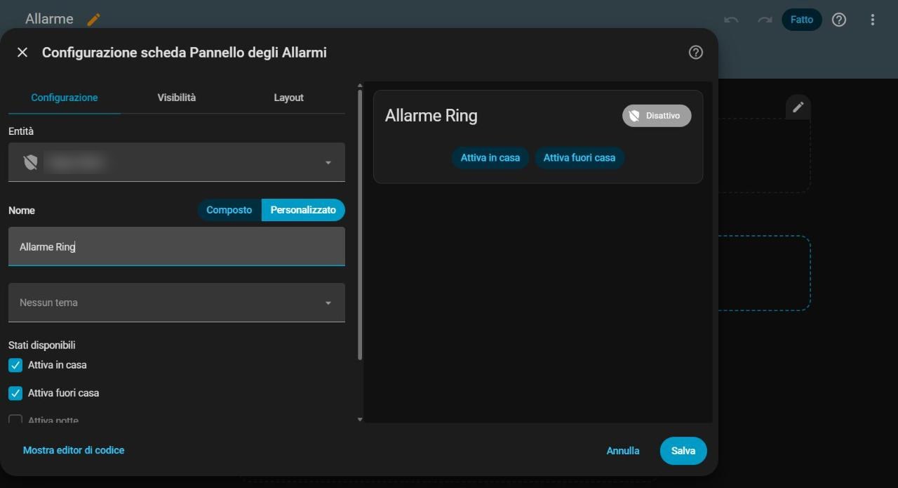 Configurazione della scheda Pannello degli Allarmi con il nome personalizzato Allarme Ring e l'anteprima