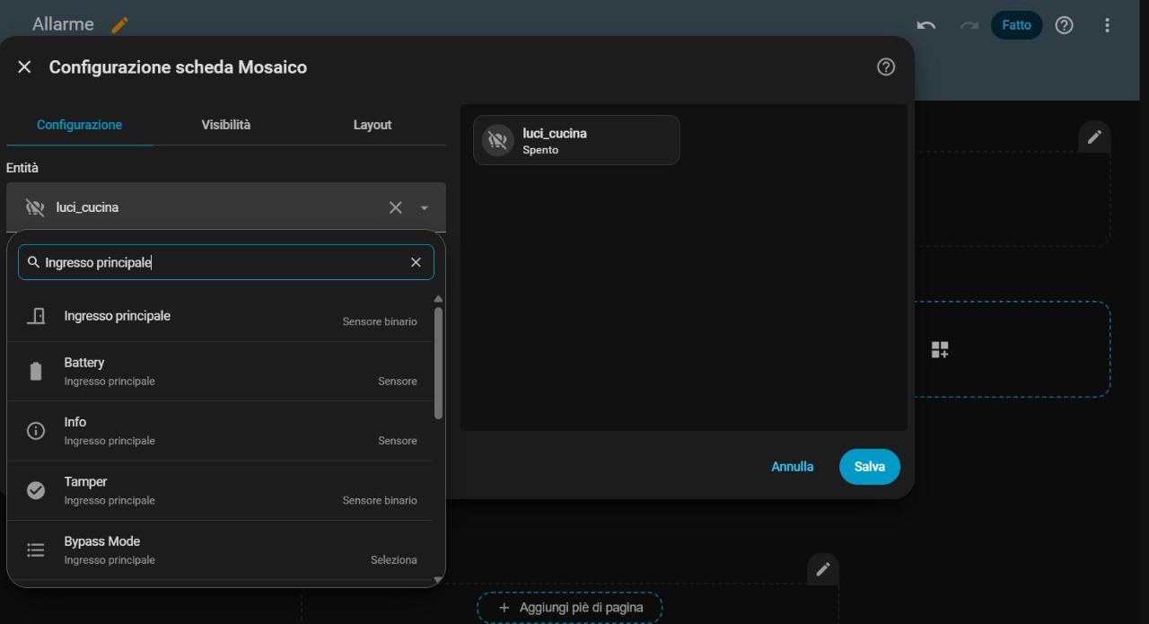 Selettore delle entità con il sensore Ingresso principale e le entità Battery, Info, Tamper e Bypass Mode dello stesso dispositivo