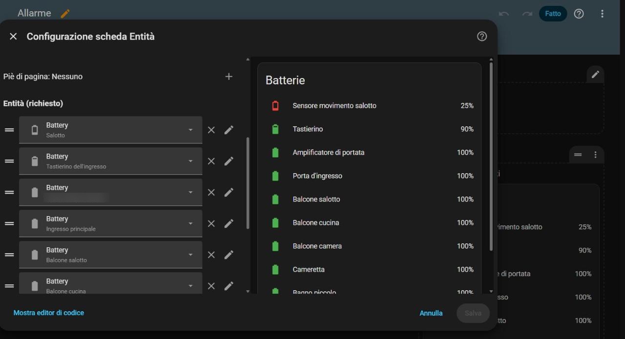 Configurazione della scheda Entità con titolo Batterie e l'elenco delle entità Battery dei componenti Ring