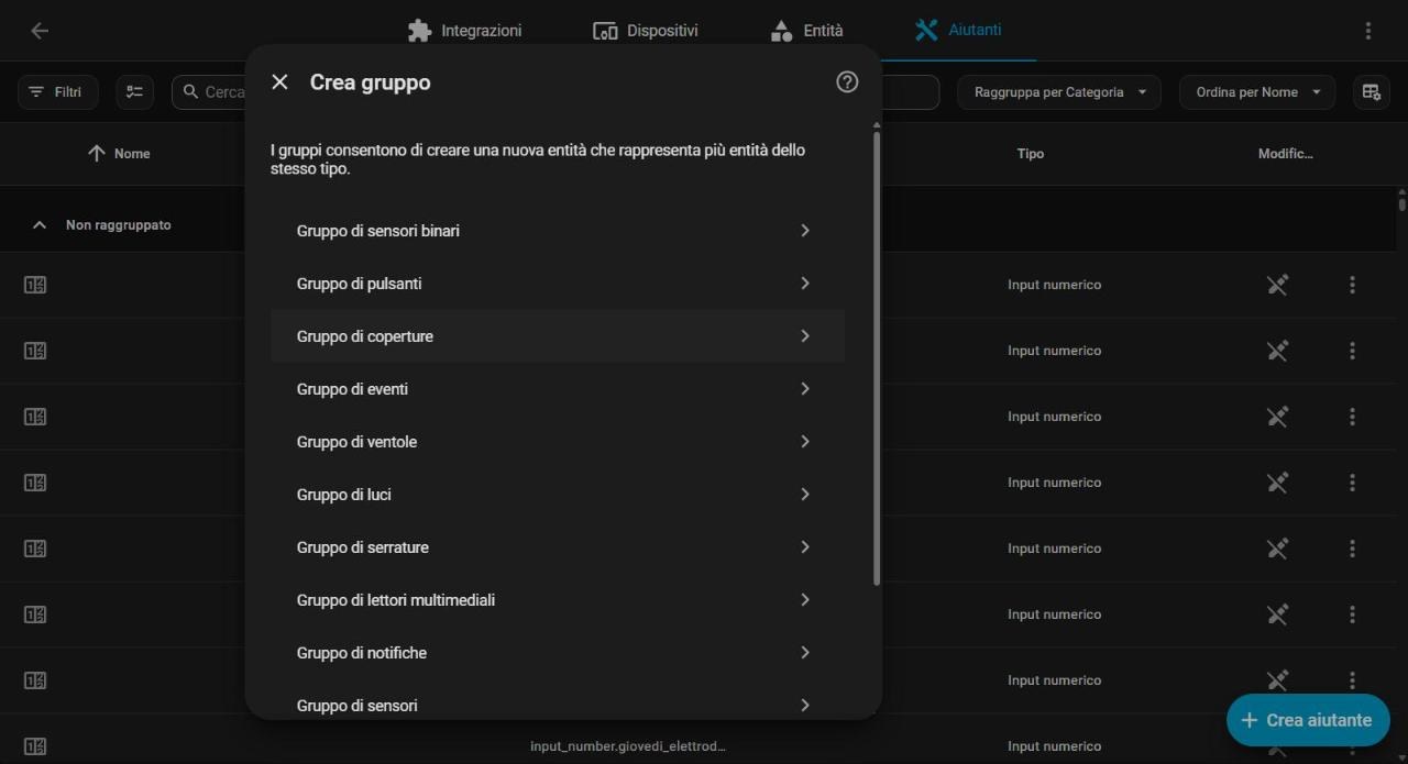 Finestra Crea gruppo di Home Assistant con l'elenco dei tipi di gruppo e la voce Gruppo di sensori binari